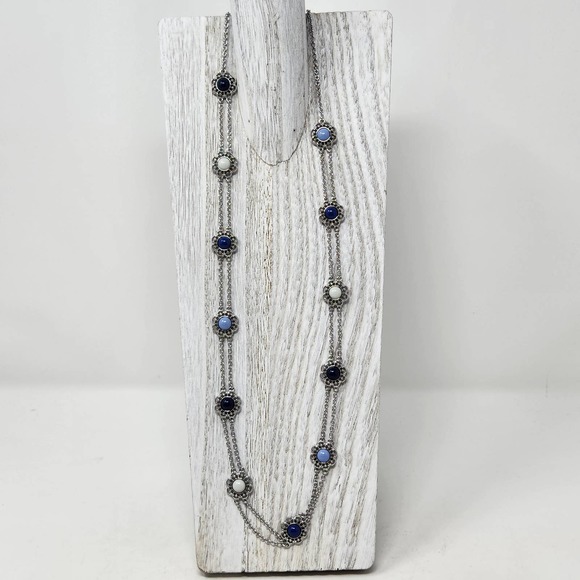 Talbots Jewelry - Talbots Silver Tone Flower Station Necklace Blue Faux Stones Double Strand New